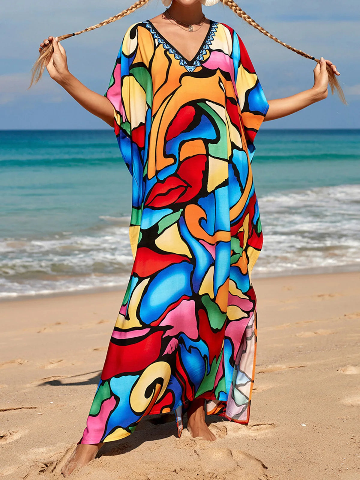 Colorful Kaftan Tunic Beach Cover Up Cover-ups Beach Dress Beach Wear Beachwear Loose Maxi Dress Female Women V4428