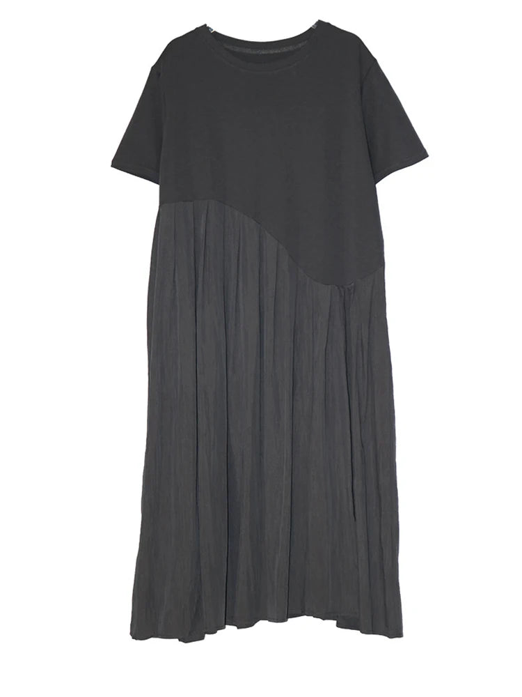 Women Black Irregular Pleated Big Size Midi Dress New Round Neck Short Sleeve Fashion Tide Spring Summer 2025 1DJ0851