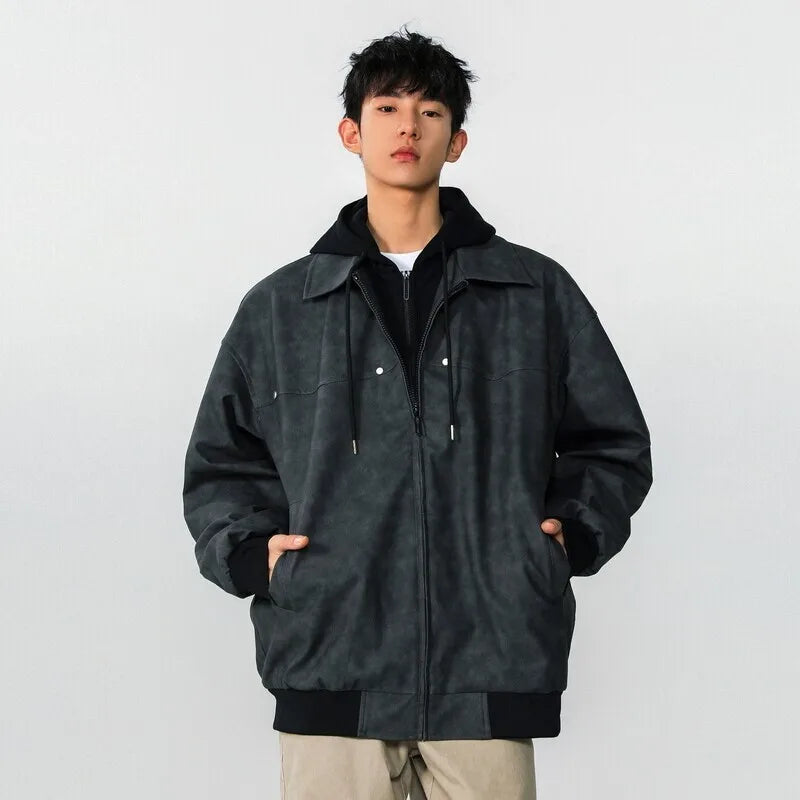 Men Jacket Spring New High Street Contrast Color Fake Two Pieces Hooded Drawstring Solid Color Jackets American Coat 9W1237