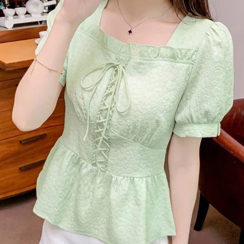 Load image into Gallery viewer, Lace-up Slim Waist Pure Color Women Blouse French Style Sweet Square Neck Puff Sleeve Summer Elegant Female Blouses
