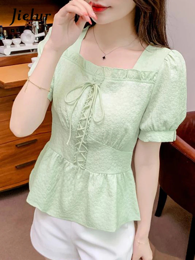 Lace-up Slim Waist Pure Color Women Blouse French Style Sweet Square Neck Puff Sleeve Summer Elegant Female Blouses