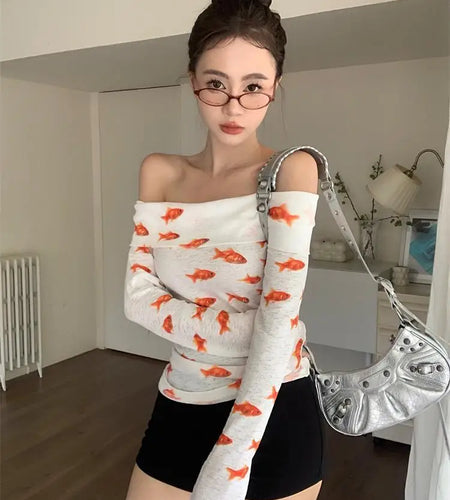 Spring Sweet Y2k Aesthetic Vintage Print T-Shirts Streetwear Off Shoulder Slim Tshirts Long Sleeve All Match Bottoming Crop Top