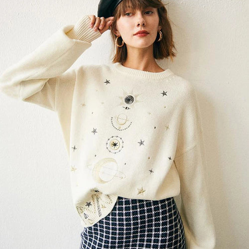 Load image into Gallery viewer, Design Starry Sky Embroidery Sweater High-End Autumn Winter Loose Jumper Women Sweater Pullover Knit Top Runway C-055

