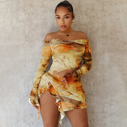 Load image into Gallery viewer, Hollow Out Print Sexy Mini Dress For Women Autumn New Off-shoulder Long Sleeve Bodycon Ruffled Slit Sexy Dress New
