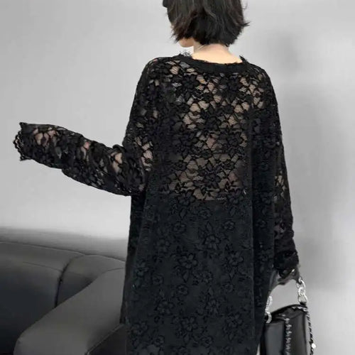 Load image into Gallery viewer, Women Black Lace Perspective Big Size Elegant T-shirt New V-Neck Long Sleeve Fashion Tide Spring Autumn 2025 1DH8612

