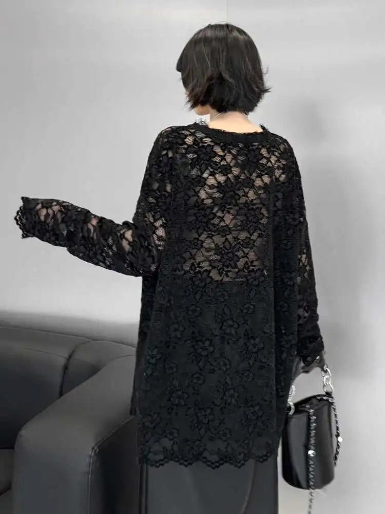 Women Black Lace Perspective Big Size Elegant T-shirt New V-Neck Long Sleeve Fashion Tide Spring Autumn 2025 1DH8612