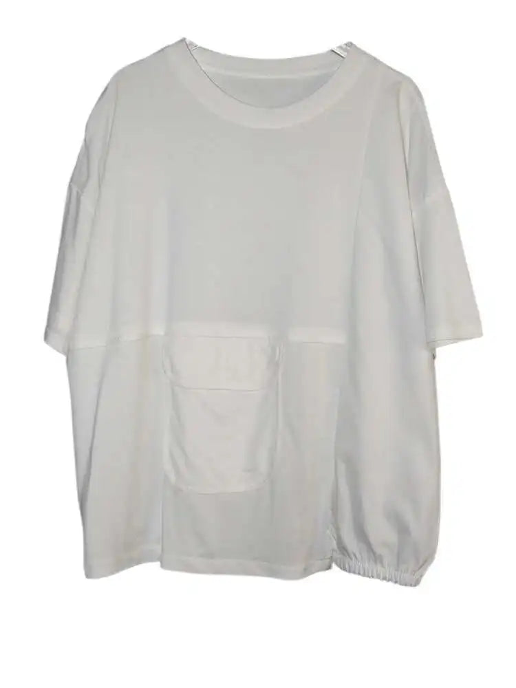 Women Black Pocket Irregular Spliced Big Size T-shirt New Round Neck Short Sleeve Fashion Tide Spring Summer 2025 1DJ0621