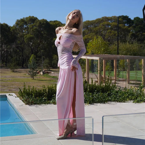 Load image into Gallery viewer, Lace Hollow Out Sexy Maxi Dress Women Gown Off-shoulder Strapless Long Sleeve Backless Split Pleated Long Dress
