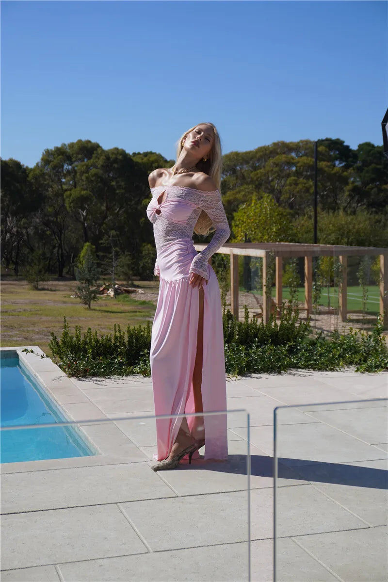 Lace Hollow Out Sexy Maxi Dress Women Gown Off-shoulder Strapless Long Sleeve Backless Split Pleated Long Dress