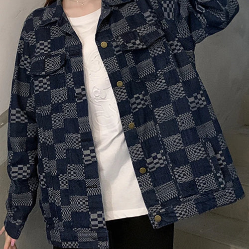 Load image into Gallery viewer, Autumn Chessboard Checker Denim Coat Women Korean Fashion Loose Retro Blue Black Plaid Denim Jackets Women Top
