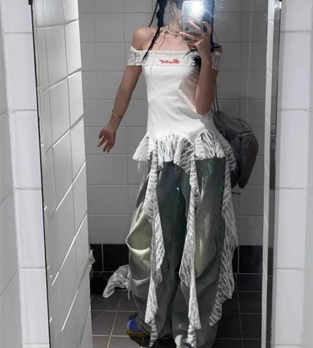 Slash Neck Fairy Grunge Tops Vintage Harajuku Irregular Patchwork Lace T-shirt Women Y2k Aesthetics Sexy Letter Embroidery Tees