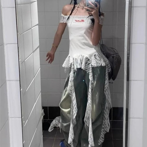 Load image into Gallery viewer, Slash Neck Fairy Grunge Tops Vintage Harajuku Irregular Patchwork Lace T-shirt Women Y2k Aesthetics Sexy Letter Embroidery Tees
