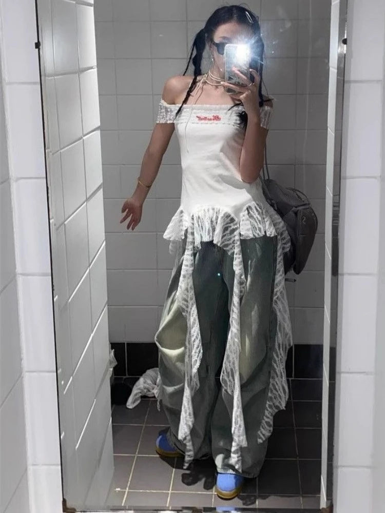 Slash Neck Fairy Grunge Tops Vintage Harajuku Irregular Patchwork Lace T-shirt Women Y2k Aesthetics Sexy Letter Embroidery Tees