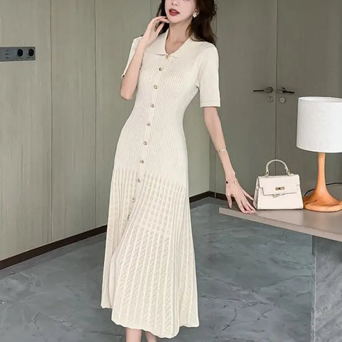 Load image into Gallery viewer, Summer 2024 New Women's Black Beige Single Breasted Knitted Long Dress Green Elegant Office Lady Short Sleeve Pleated Dress Chic
