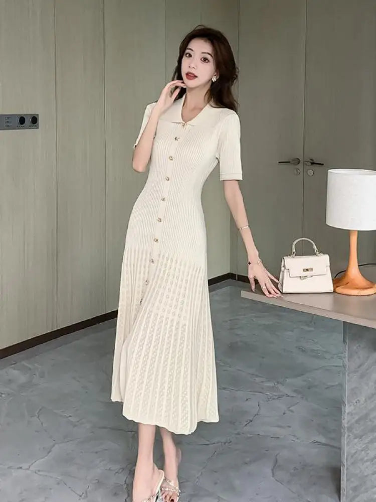 Summer 2024 New Women's Black Beige Single Breasted Knitted Long Dress Green Elegant Office Lady Short Sleeve Pleated Dress Chic