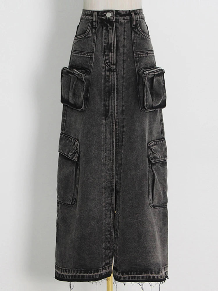 Patchwork Pockets Streetwear Denim Skirts For Women High Waist Spliced Button Solid Casual Split Skirt Female Fashion Style