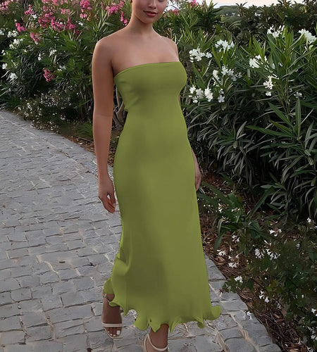 Elegant Solid Strapless Ruffles Sexy Bodycon Maxi Prom Dress Summer Women Fashion Outfit Birthday Party Festival