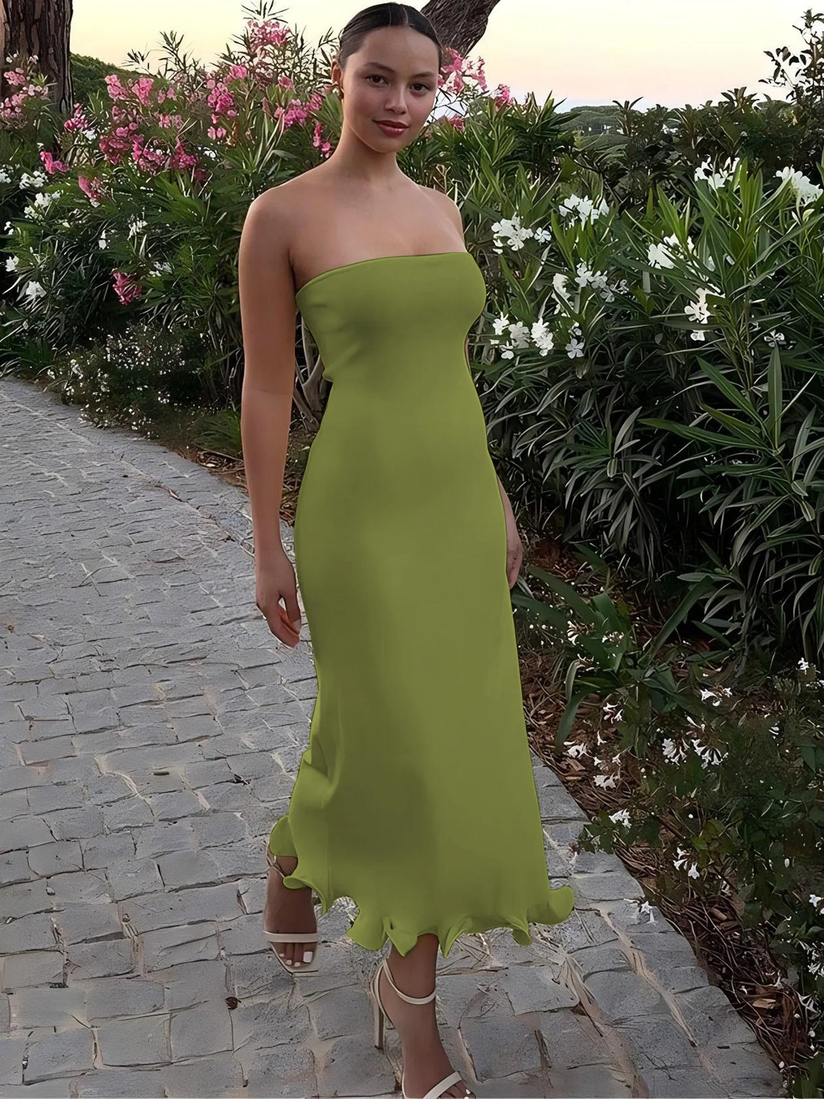 Elegant Solid Strapless Ruffles Sexy Bodycon Maxi Prom Dress Summer Women Fashion Outfit Birthday Party Festival