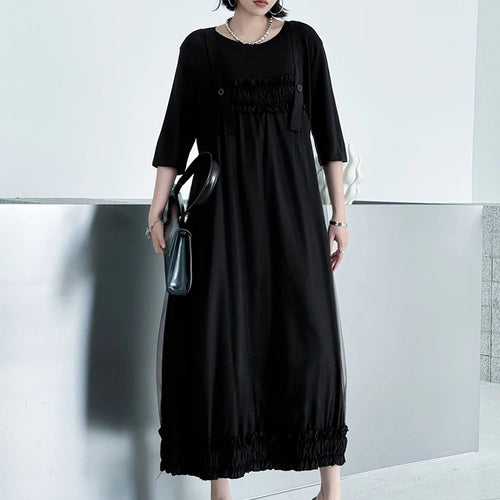 Load image into Gallery viewer, Women Black Ruffles Spliced Big Size Strap Dress New Square Collar Sleeveless Fashion Tide Spring Autumn 2025 1DJ1157
