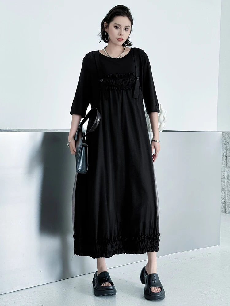 Women Black Ruffles Spliced Big Size Strap Dress New Square Collar Sleeveless Fashion Tide Spring Autumn 2025 1DJ1157