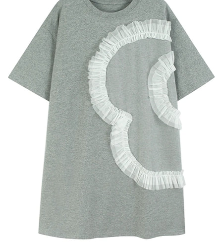 Women Gray Mesh Ruffles Big Size Mini T-shirt Dress New Round Neck Short Sleeve Fashion Tide Spring Summer 2025 1DH9812