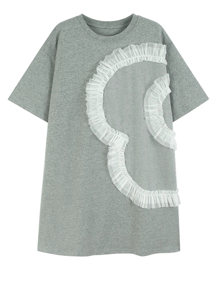 Women Gray Mesh Ruffles Big Size Mini T-shirt Dress New Round Neck Short Sleeve Fashion Tide Spring Summer 2025 1DH9812