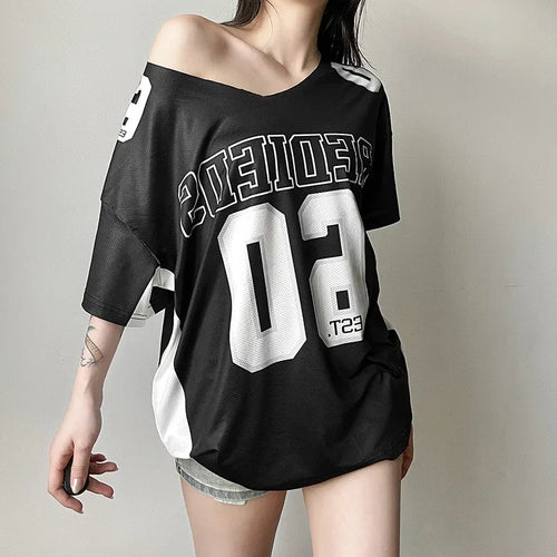 Load image into Gallery viewer, Y2k Aesthetic Summer Letter Printing T-shirts Harajuku Patchwork Loose Oversize Tops 2025 Women Harajuku Skew Collar Casual Tees
