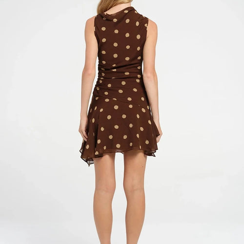 Load image into Gallery viewer, Sleeveless Polka Dot Dress For Woman Fashion Brown Print Mesh O Neck Ruched Mini Dress Elegant Irregular Dresses
