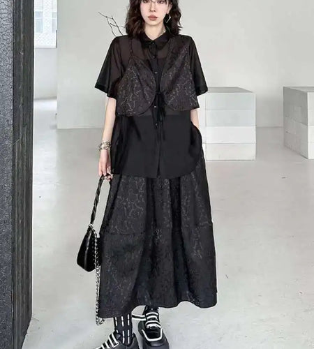 Black Shirt Big Size Half-body Skirt Two Pieces Suit New Lapel Short Sleeve Women Fashion Tide Spring Summer 2025 1DH5405