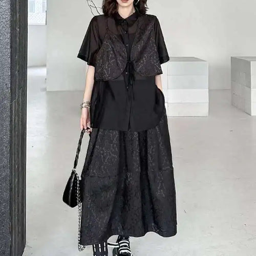 Load image into Gallery viewer, Black Shirt Big Size Half-body Skirt Two Pieces Suit New Lapel Short Sleeve Women Fashion Tide Spring Summer 2025 1DH5405
