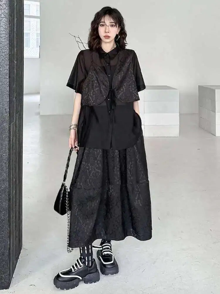 Black Shirt Big Size Half-body Skirt Two Pieces Suit New Lapel Short Sleeve Women Fashion Tide Spring Summer 2025 1DH5405