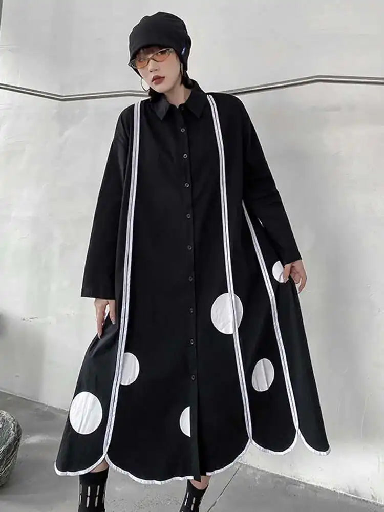 Women Black Dot Printed Long Big Size Shirt Dress New Lapel Long Sleeve Loose Fit Fashion Tide Spring Autumn 2025 1DF1508