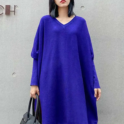 Load image into Gallery viewer, Women Blue Knitting Big Size Mini Dress New V-Neck Long Batwing Sleeve Loose Fit Fashion Tide Spring Autumn 2025 1DF9758
