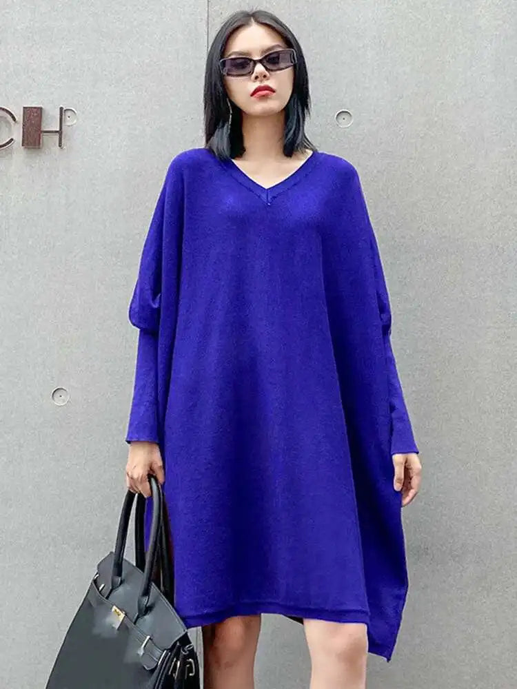 Women Blue Knitting Big Size Mini Dress New V-Neck Long Batwing Sleeve Loose Fit Fashion Tide Spring Autumn 2025 1DF9758