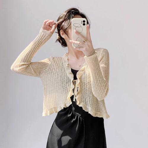 Load image into Gallery viewer, New Spring Summer Solid Long Sleeved Festival Elegant Slim Cardigan Knitted Tops Ladies Sun Protection Lace-up Ruffle Edge Coat
