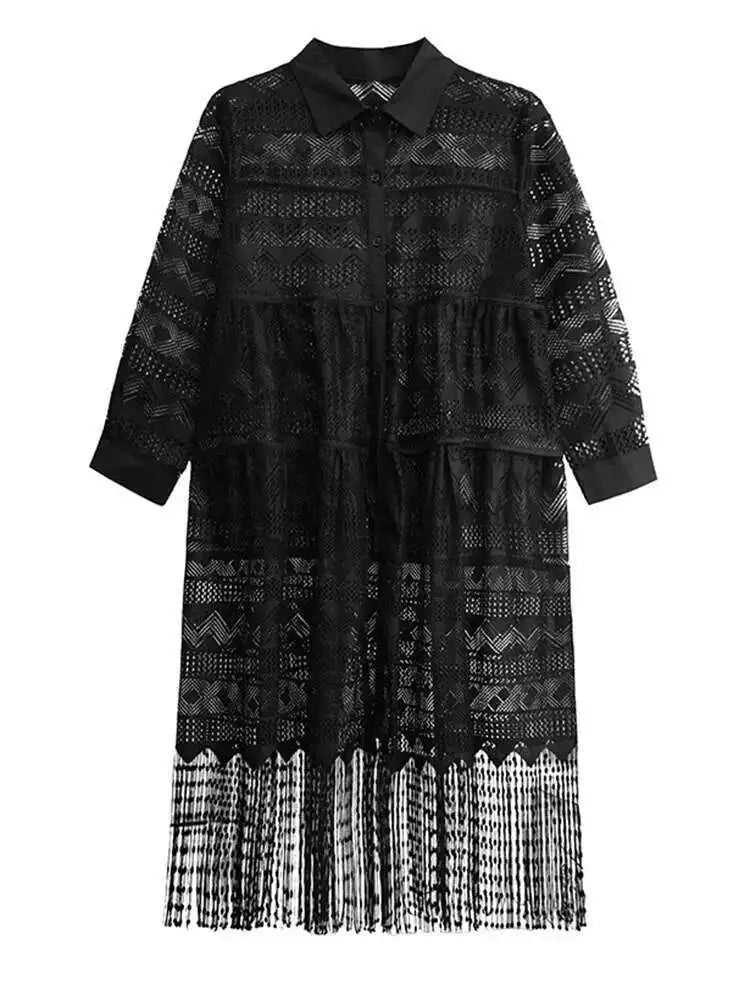 Women Black Lace Jacquard Perspective Big Size Shirt Dress New Lapel Long Sleeve Fashion Tide Spring Autumn 2025 1DH894201