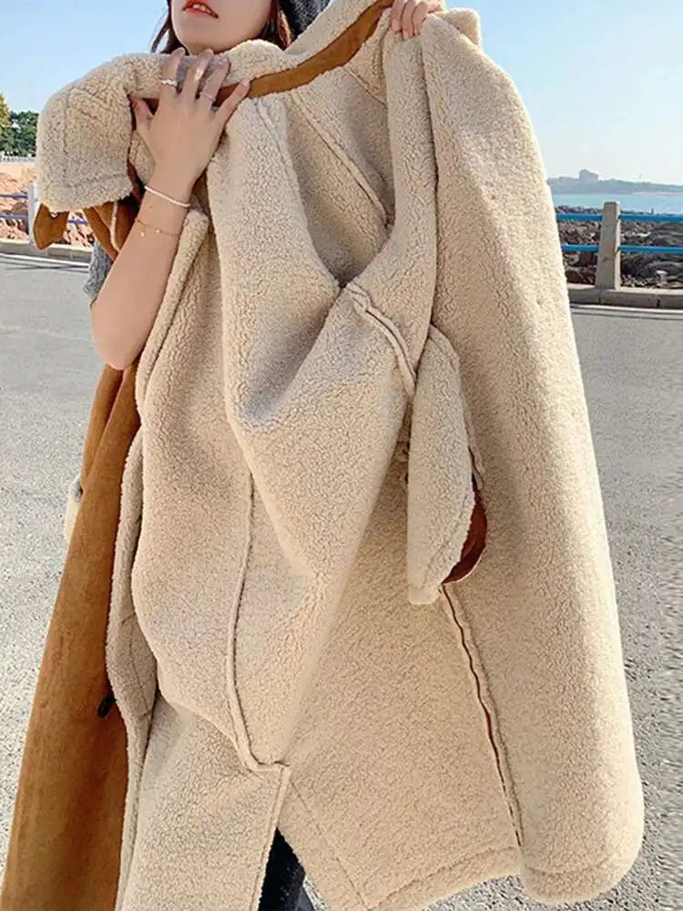 Camel Thick Big Size Long Lambswool Jacket New Stand Collar Long Sleeve Women Coat Fashion Tide Autumn Winter 2025 1DH8605