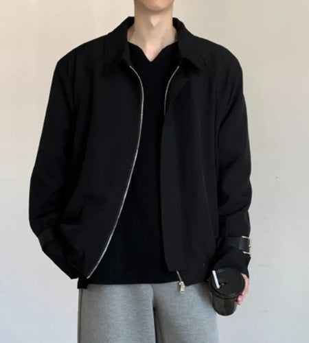 Turn-down Collar Men's Jacket Thick Leather Buckle Outerwear Casual Zipper Solid Color 2024 Autumn Winter Trendy 9C8802