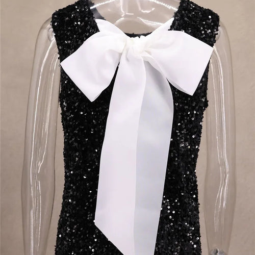 Load image into Gallery viewer, Sequins Backless Bow Sexy Mini Dress For Women Robe 2025 New Sleeveless A-line Sparkle Club Dress Elegant Vestido
