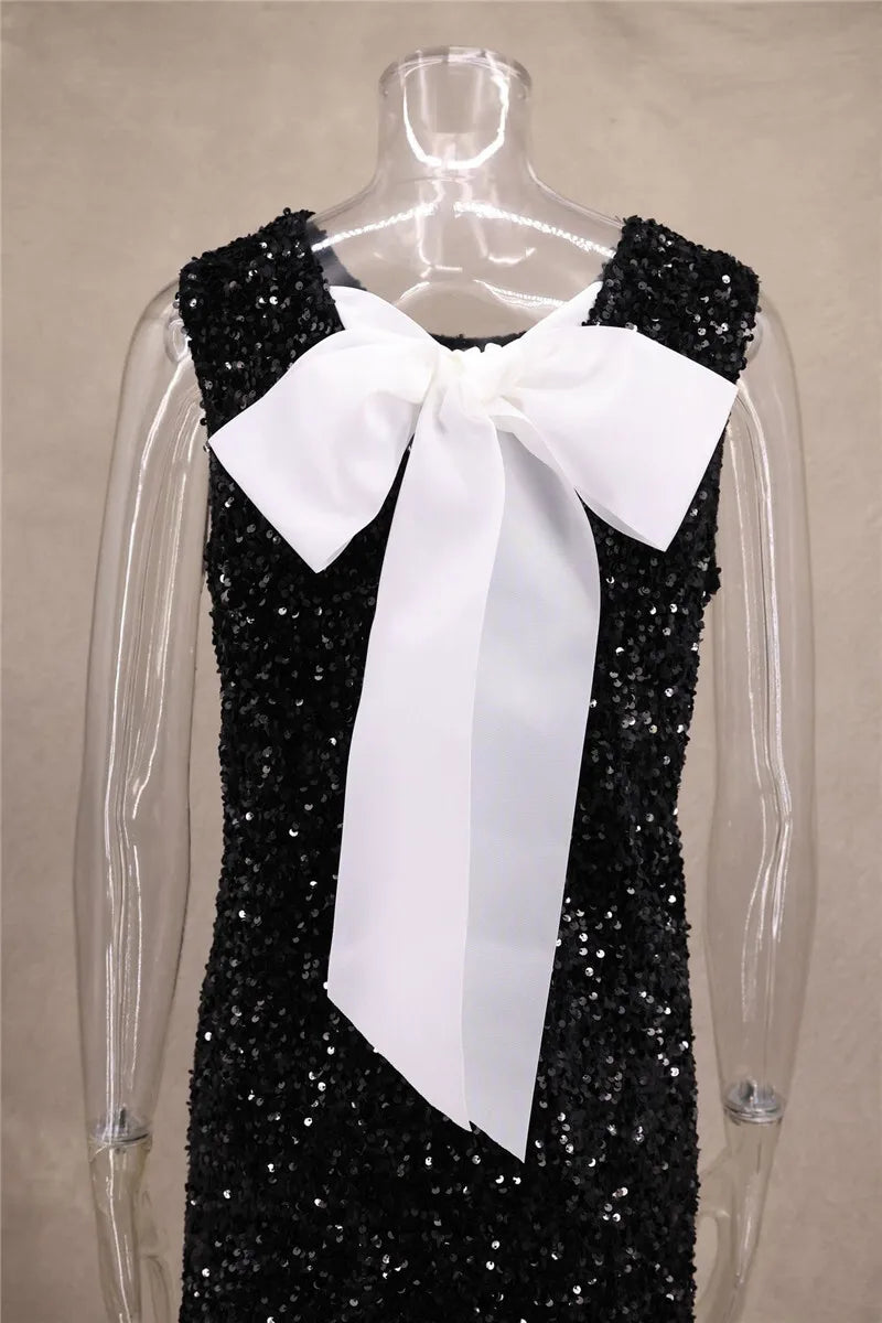 Sequins Backless Bow Sexy Mini Dress For Women Robe 2025 New Sleeveless A-line Sparkle Club Dress Elegant Vestido