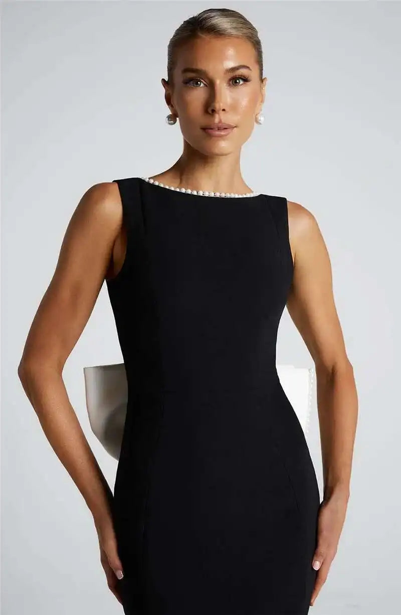 Elegant Pearl Bow Backless Sexy Maxi Dress Women Gown Fashion Sleeveless High Waist A-line Club Party Long Dress