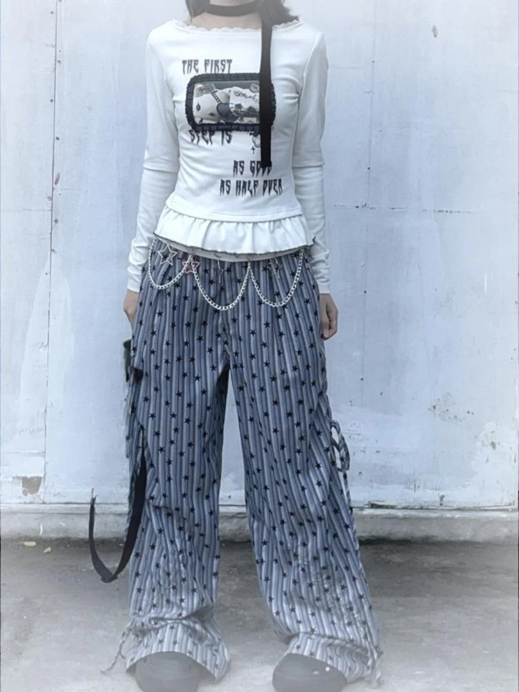 Harajuku Cartoon Print Cute T-shirts Streetwear Slim Fit Y2k Aesthetic Ruffled Autumn Shirts Women Grunge BLace Patchwork Tops