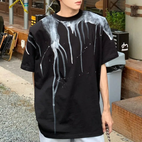 Load image into Gallery viewer, Personality Men&#39;s Top Summer Short Sleeve T-shirt Black Spray Paint Tee Pullover Niche Design Male Clothing 9C6187
