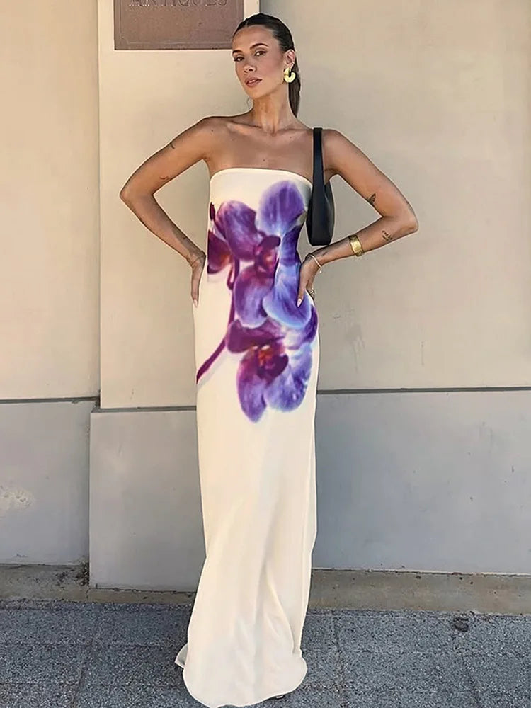 Floral Print Strapless Sexy Maxi Dress For Women Gown Off-shoulder Backless Sleeveless Elegant Long Dress Fashion