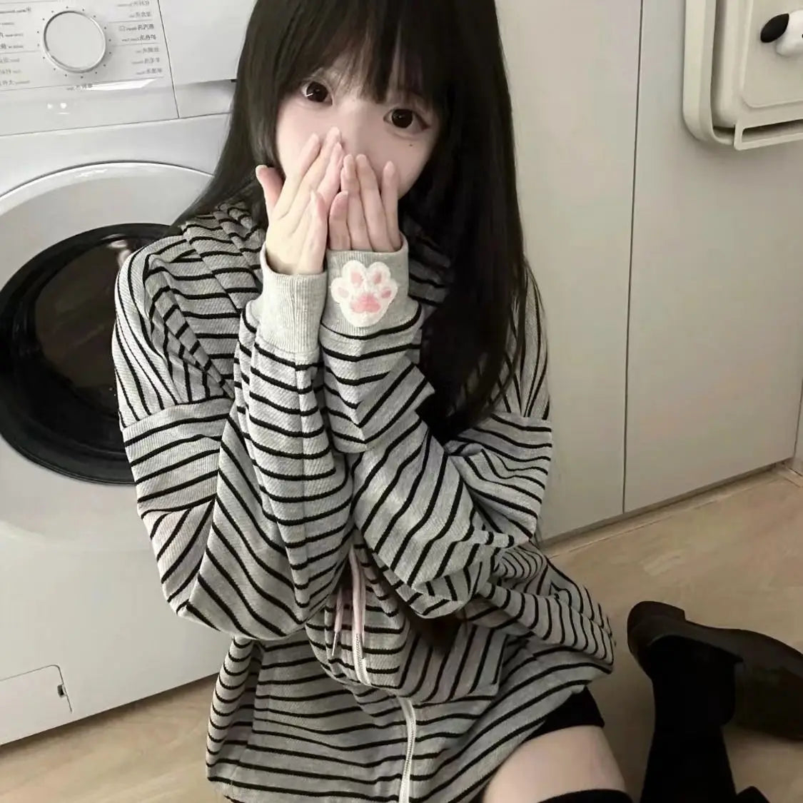 Cat Ear Hood Sweatshirts Coats Women Clothes Long Sleeve Striped Hoodies Y2k Tops 2024 Ropa Mujer Casual Fashion Japanese Hoodie