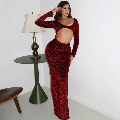 Load image into Gallery viewer, Leopard Print Long Sleeve Sexy Maxi Dress For Women Fashion Hollow Out Bodycon Printed Sexy Long Dress Elegant
