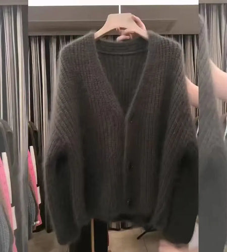 Korean Fashion 2024 New Grey Elegant Long Sleeved Sweater Autumn Winter Women V Neck Single Breasted Cardigan Knitted Tops Trend