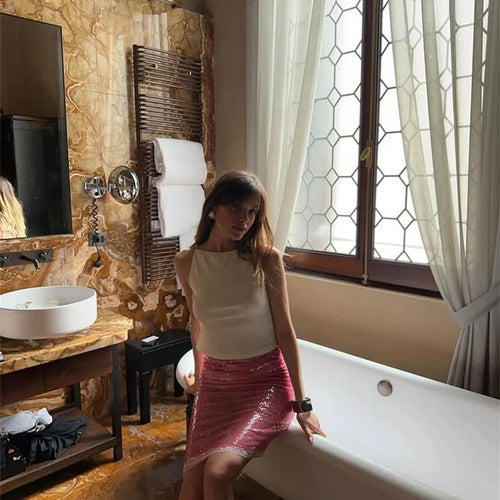 Load image into Gallery viewer, Sequin Summer Beach Sexy Skirt Women Elegant Sparkle High Waist A-line Skirts Female Pink Vacation Club Party Skirt
