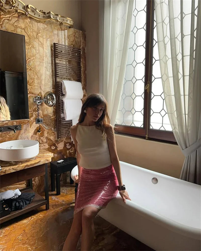 Sequin Summer Beach Sexy Skirt Women Elegant Sparkle High Waist A-line Skirts Female Pink Vacation Club Party Skirt