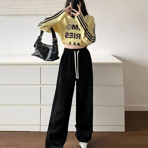 Load image into Gallery viewer, Women Black Velvet Elegant Drawstring Lace-up Baggy Cotton Long Pant Winter Grey High Waist Loose Wide Leg Oversize Trousers
